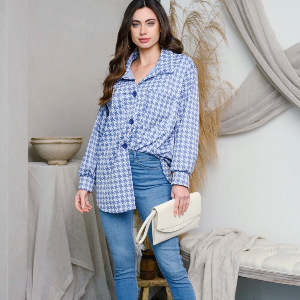 IF SHE LOVES Vintage Retro Chic Blue Houndstooth Oversized Top - Picture 4 of 7